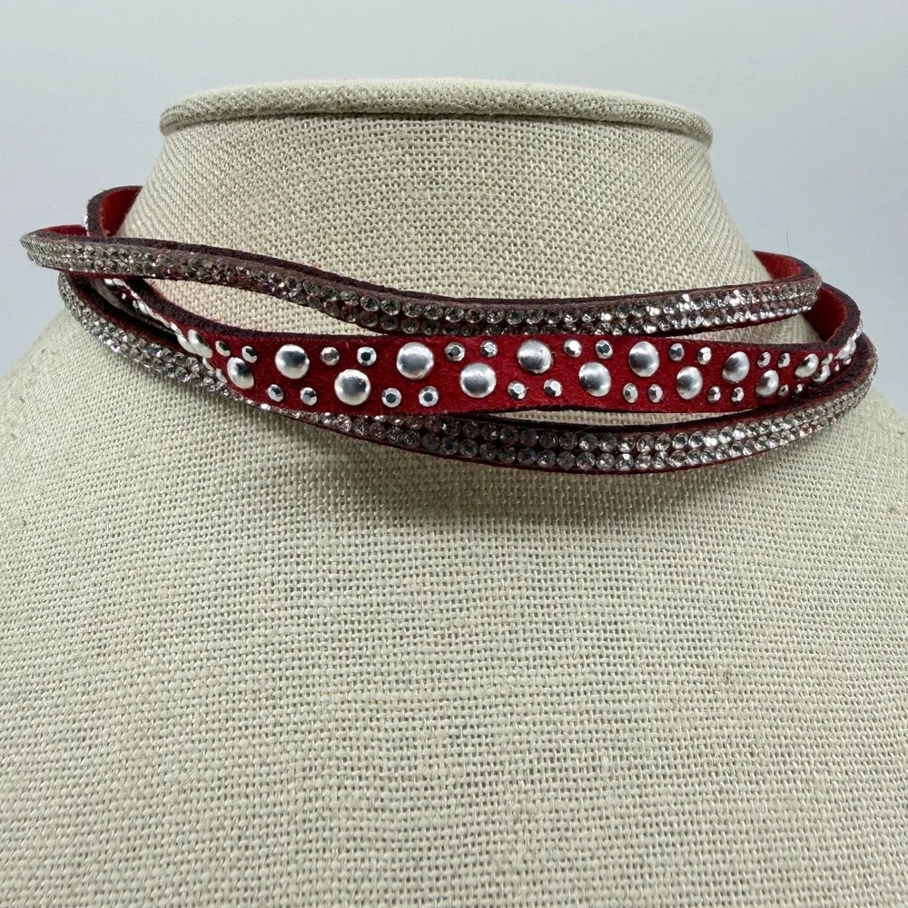 Red Faux Suede Wrap Choker Necklace Rhinestone Studded Western Statement